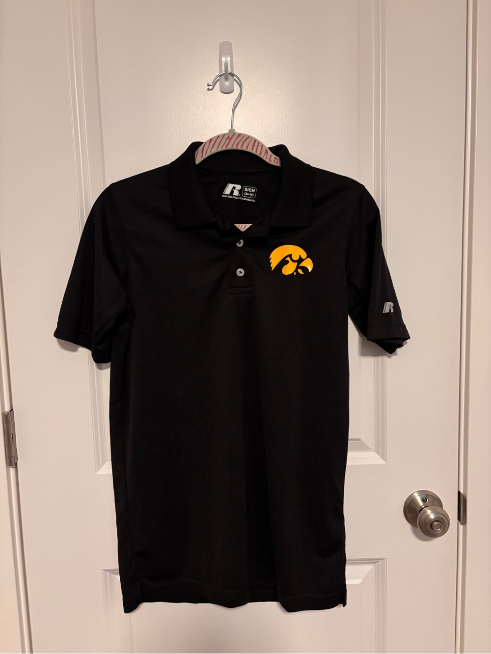 Russell Athletic Black Polo with Yellow Iowa Hawkeyes Logo